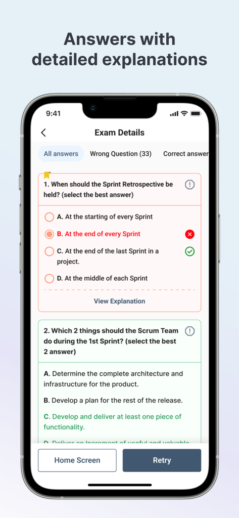 SPS Exam Simulator - SPS Exam Simulator mobile interface showing practice questions with detailed correct and incorrect answer explanations for Scrum certification preparation