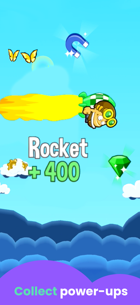 Jumping Games for Kids - A character using a rocket power-up to collect items in a kids jumping game.