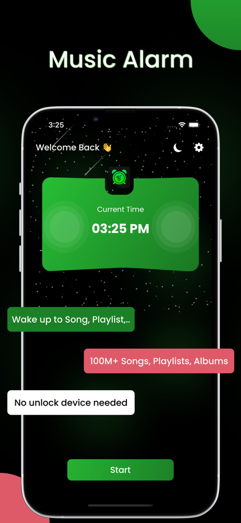 Alarmfy音楽アラームアプリのインターフェース。現在の時刻と、プレイリストや曲で目覚めるなどの機能ハイライトが表示されたホーム画面。