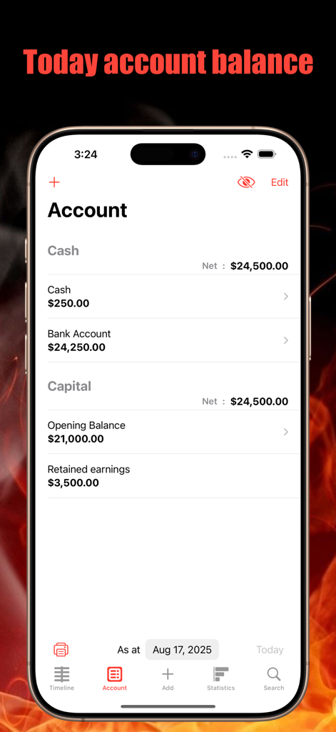 Buckmemo - Buckmemo app account screen displaying cash and bank account balances with a total net calculation.