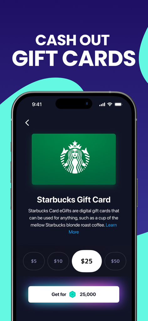 Mistplay app interface showing a Starbucks gift card redemption screen with various point options on an iPhone.