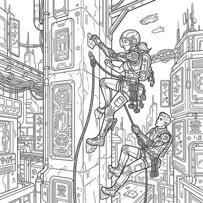 Embark on an exhilarating journey with our Cyberpunk Rock Climbers coloring page. Featuring daring climbers scaling a high-tech city, this design blends futuristic adventure with intricate details for an immersive coloring experience.