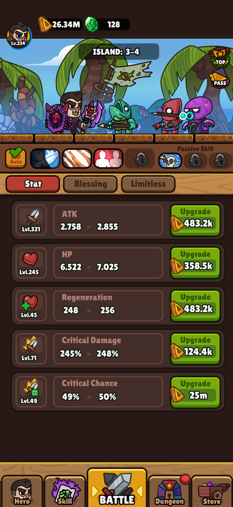 Idle RPG Adventure Heroモバイルゲームのキャラクター統計とアップグレードメニュー