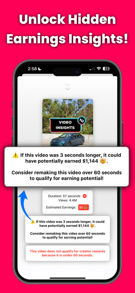 TikEarnings app interface showing potential lost earnings for a video that is under sixty seconds