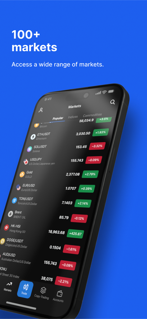 PrimeXBT: Trading & Investing - PrimeXBT mobile app screen displaying various trading markets including crypto forex and commodities