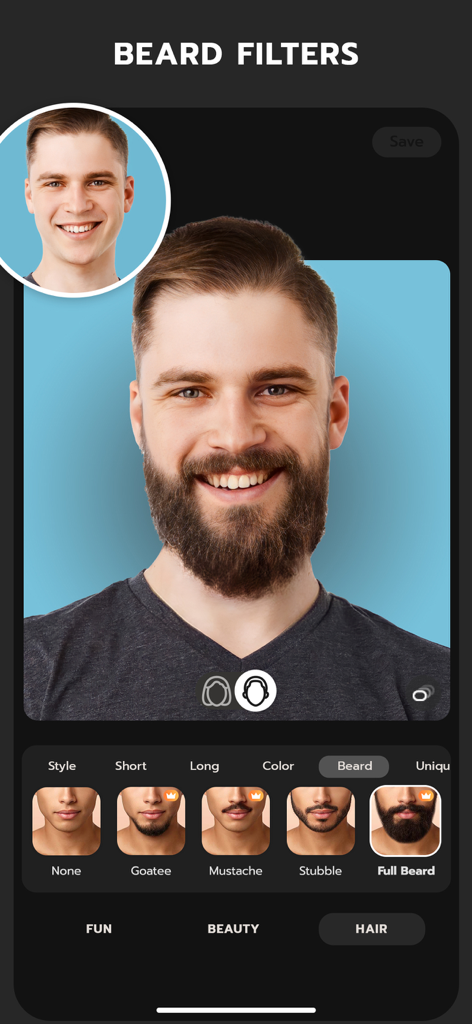 FaceLab App-Oberfläche, die verschiedene Bartfilteroptionen zeigt, darunter Dreitagebart, Schnurrbart und Vollbart auf dem Gesicht eines Mannes.