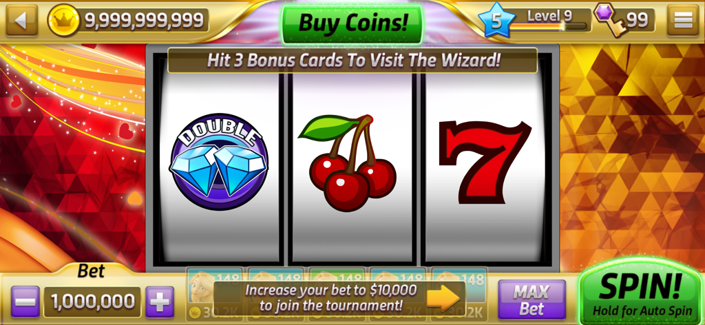 Classic Slots Casino - Una interfaz de máquina tragamonedas clásica de 3 rodillos en Classic Slots Casino que muestra símbolos de cereza y diamante