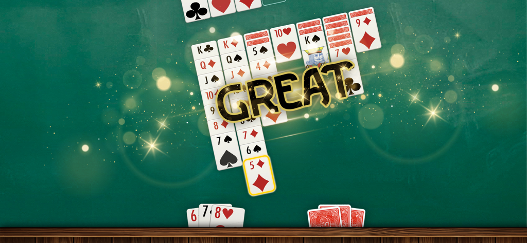 Classic Solitaire game screen showing a win with large text saying Great