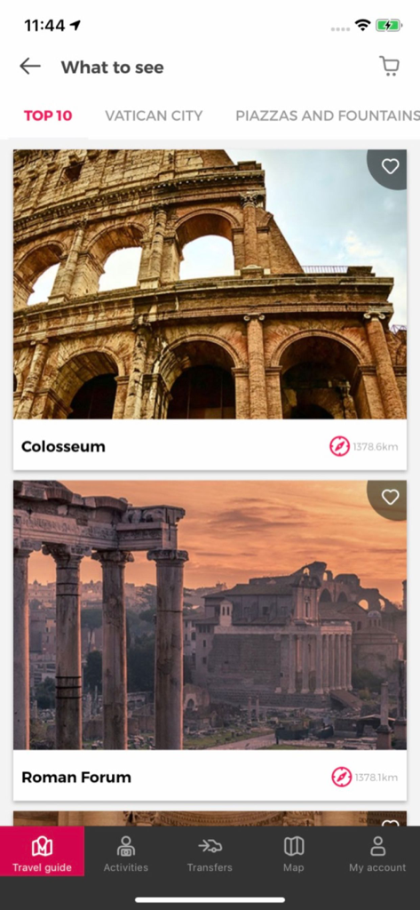 Rome Guide by Civitatis.com - Captura de pantalla de la aplicación Guía de Roma de Civitatis que muestra las principales atracciones turísticas como el Coliseo y el Foro Romano.