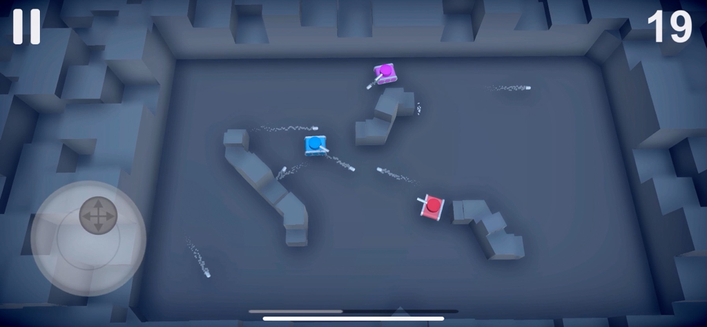 Top-down view of colorful tiny tanks in a minimalist 3D arena shooting at each other
