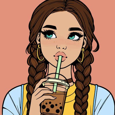 realistic girl with braided hair drinking boba