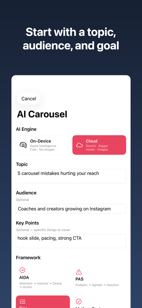 Carousel: AI Posts for Insta - Ein Bildschirm einer mobilen App, der den KI-Karussellerstellungsprozess zeigt, bei dem Benutzer ein Thema und eine Zielgruppe eingeben und ein Marketing-Framework auswählen.