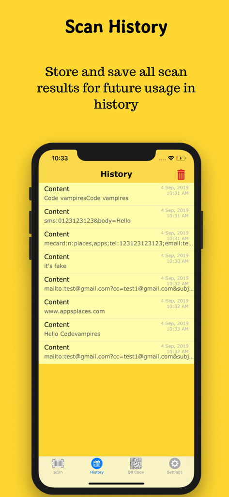 QR-Code Scan - Smartphone screen displaying the scan history page with saved QR code links and timestamps