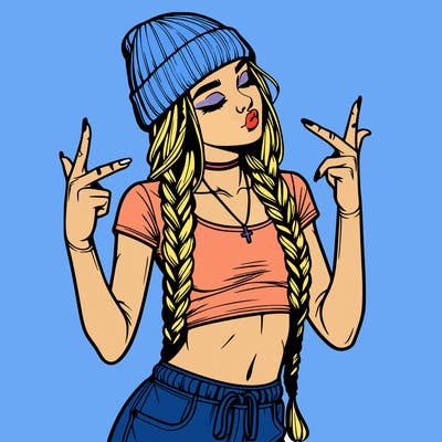 realistic teenage girl with braids and a beanie and crop top doing 🫶🏼