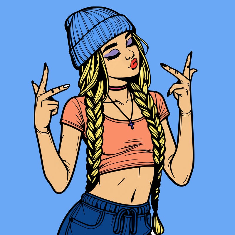 realistic teenage girl with braids and a beanie and crop top doing 🫶🏼