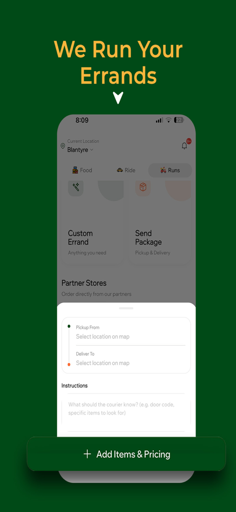 The Changu app interface for scheduling custom errands and package deliveries with pickup and delivery location inputs.