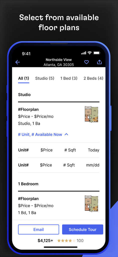 Rent. Apartments and Homes - Rent app screen showing studio and one bedroom floor plan options for an apartment in Atlanta with a schedule tour button