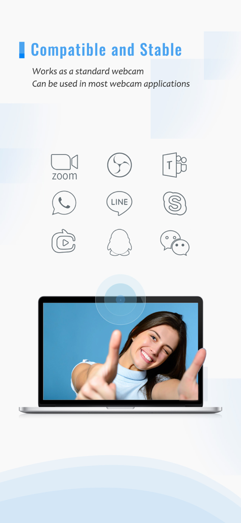 iVCam Webcam - ノートPC上でZoom、Teams、Skype、その他のビデオ通信プラットフォームとの互換性を示しているiVCamウェブカメラアプリ