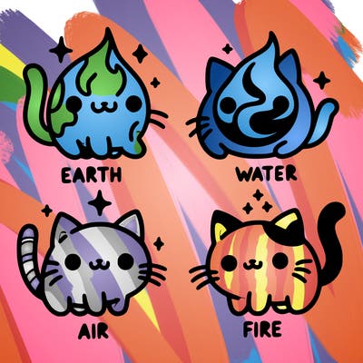 4 cats that represent the different elements, earth, water, air, and fire