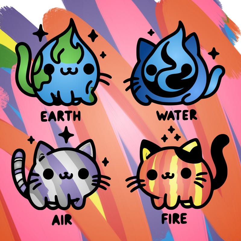 4 cats that represent the different elements, earth, water, air, and fire