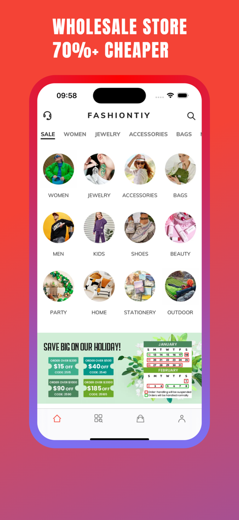 FashionTIY: Clothing Wholesale - The FashionTIY mobile app home screen featuring product categories for wholesale clothing and accessories with holiday discount banners.