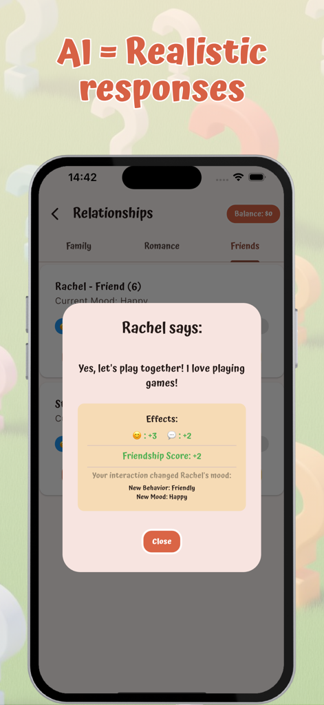 Infinite Life Simulation - Captura de pantalla del juego móvil Simulación de Vida Infinita que muestra una interacción impulsada por IA y un aumento en la puntuación de amistad con un personaje llamado Rachel.