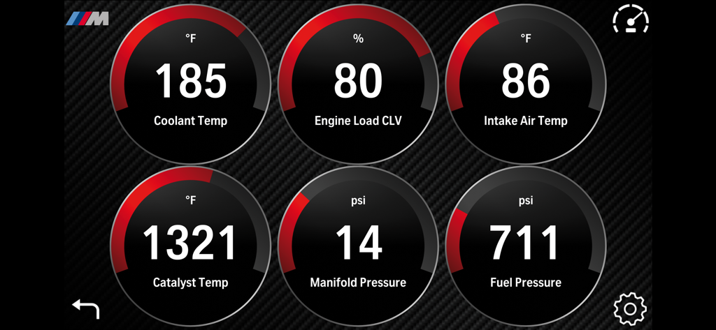 M Performance Drive Analyser - BMW M Performance Drive Analyser app displaying real-time engine data gauges for coolant temperature and manifold pressure