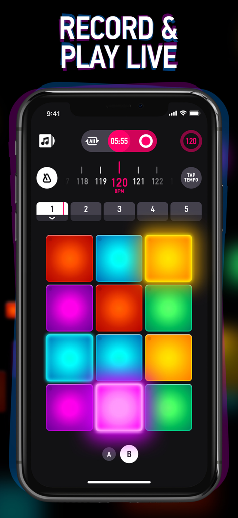Beat Machine - Music Drum Pads - Beat Machine mobile app interface featuring colorful music drum pads and live recording controls on an iPhone