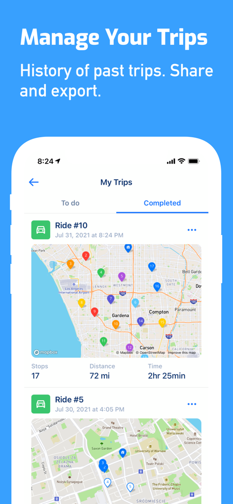 Route Planner, Delivery, MyWay - MyWay Route Planner trip history screen showing completed routes with maps and delivery statistics