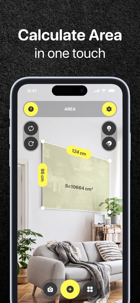 iPhone screen showing an AR measurement app calculating the area of a wall in a living room
