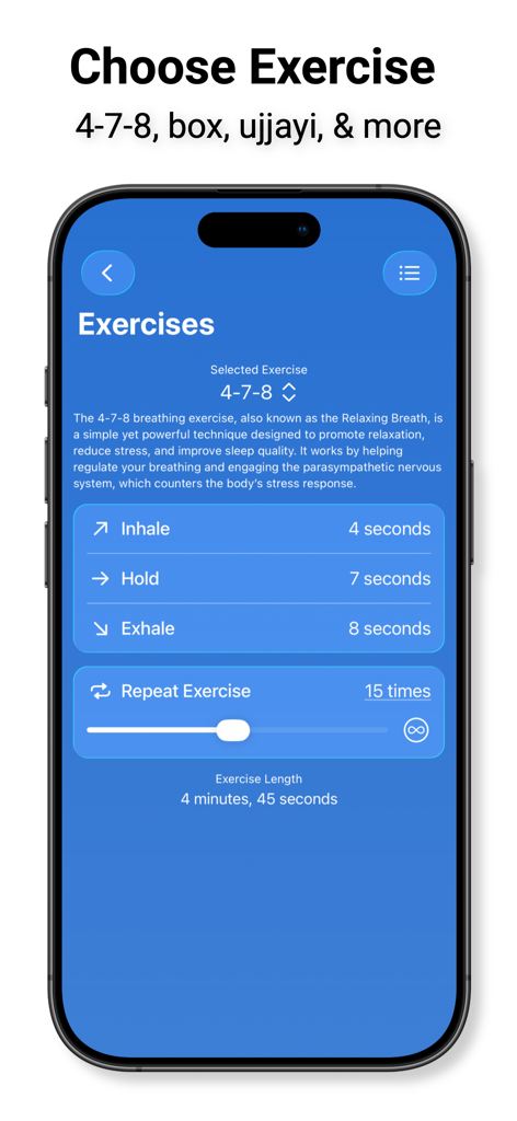 Interface utilisateur de l'application iBreathe montrant les paramètres d'un exercice de respiration 4-7-8