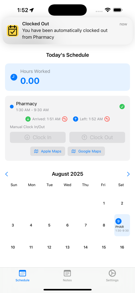 Simple Shifts - Simple Shifts app screen showing an automatic clock out notification and a daily schedule with arrival and departure times.