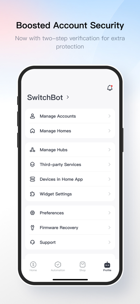 SwitchBot - SwitchBot app profile screen displaying account management options and two step verification security update