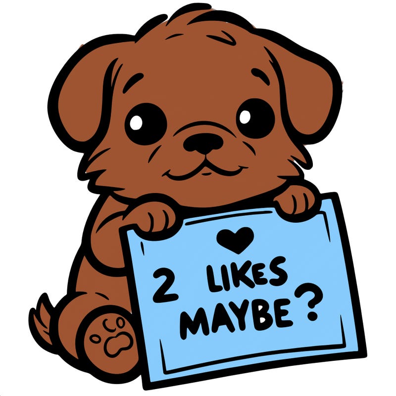 a puppy holding a sign that says 2 likes maybe?