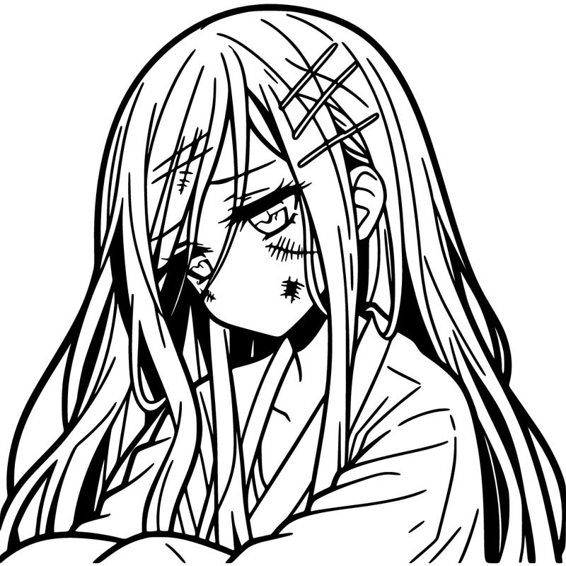 sad anime girl long haired girl with scars