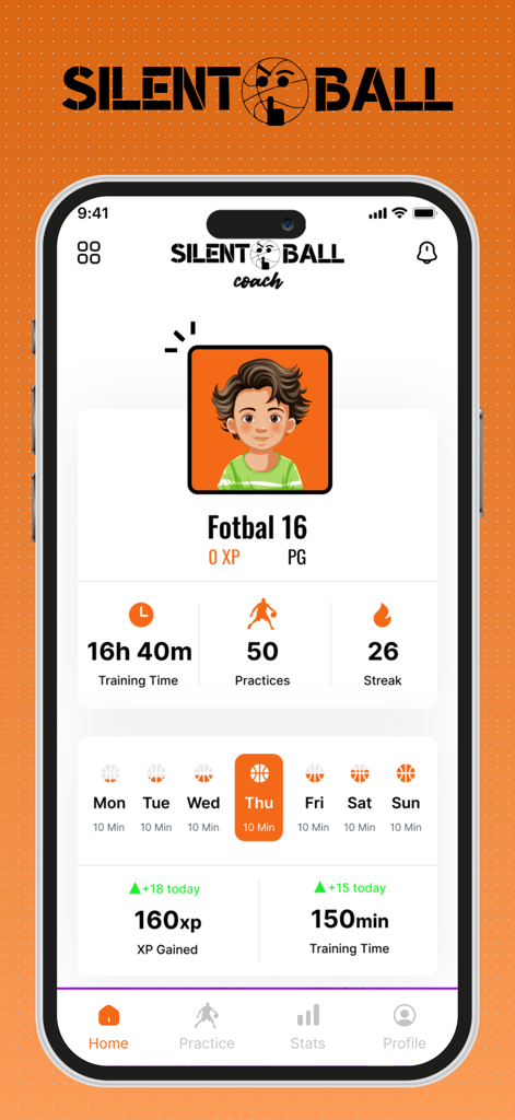 SilentBall Coach - SilentBall Coach app dashboard showing user training statistics and basketball practice progress.