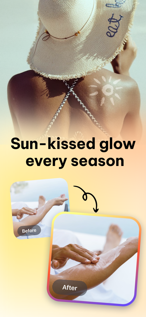 SunRay Tanning Routine App - Promotional graphic for SunRay Tanning Routine App showing a sun-kissed glow and before and after tanning progress.