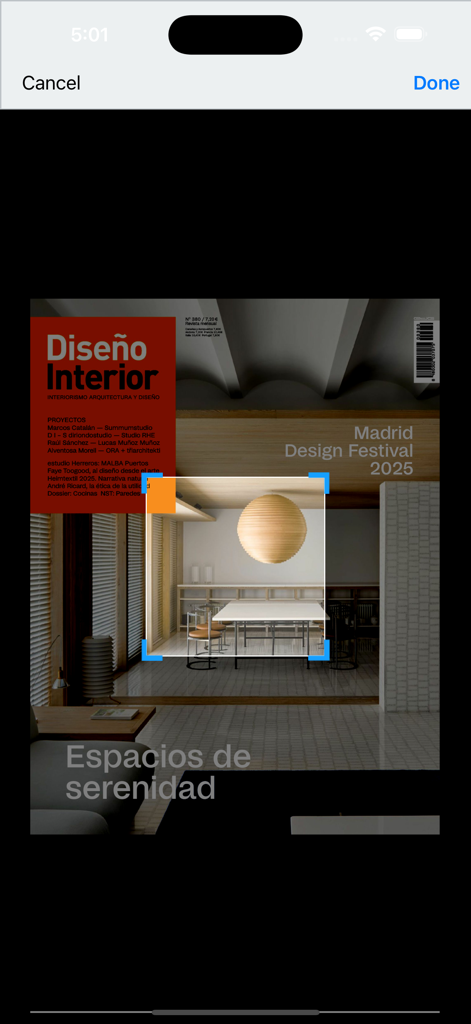 Diseño Interior - Portada de la revista de la aplicación Diseño Interior con diseño de interiores moderno minimalista y el Madrid Design Festival 2025.