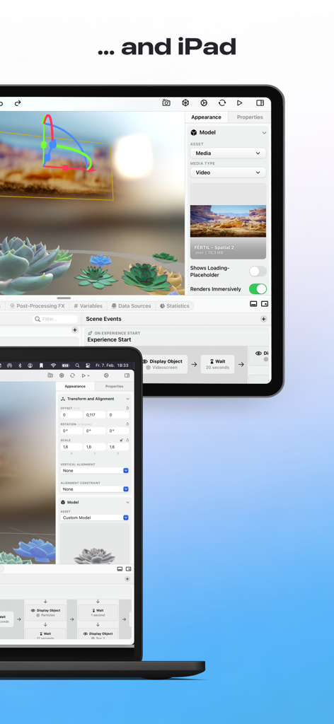 Scenery – Spatial Experiences - La interfaz de la aplicación Scenery en iPad con herramientas para crear experiencias AR espaciales.