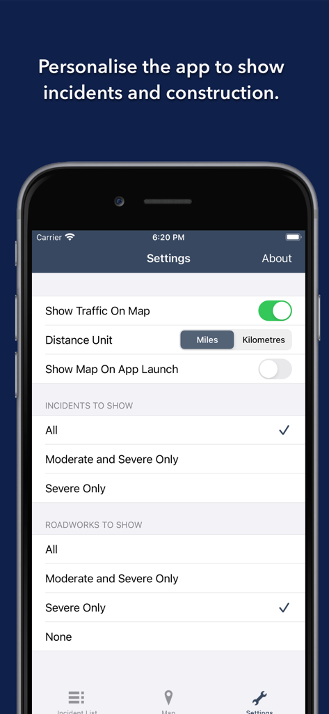 Maryland Roads Traffic - Settings screen for personalizing traffic incidents and roadwork alerts in Maryland.