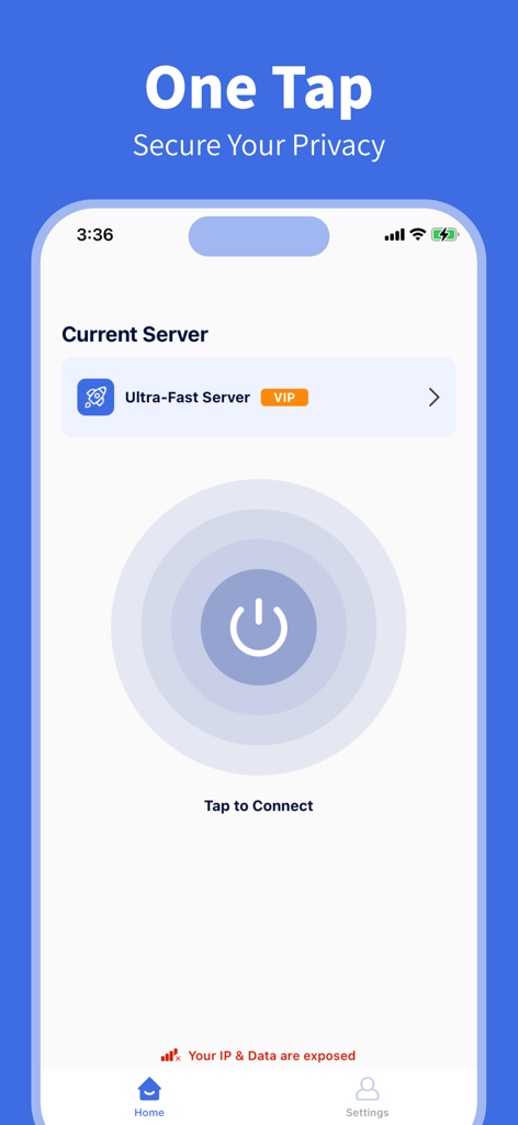 Top VPN - Fast & Secure VPN - Interface do aplicativo móvel Top VPN mostrando o botão de conectar com um toque para proteção de privacidade.