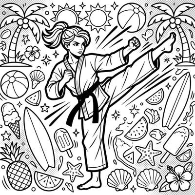 Get ready for an action-packed coloring adventure featuring a powerful karateka in a vibrant Pop Art style. This lively page is bursting with sunny summer vacation elements, offering endless creative possibilities.