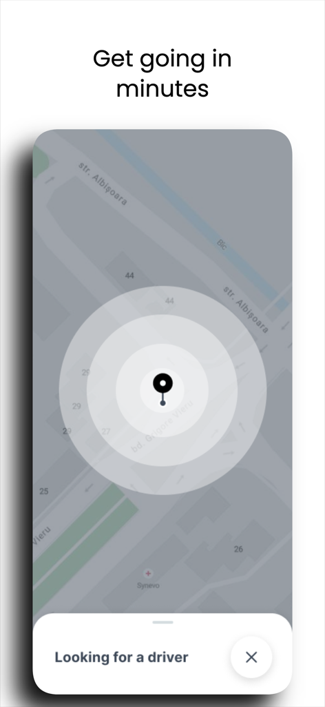 Letz | Request a ride - Letz rideshare app screen showing a map with a pin and a message stating looking for a driver.