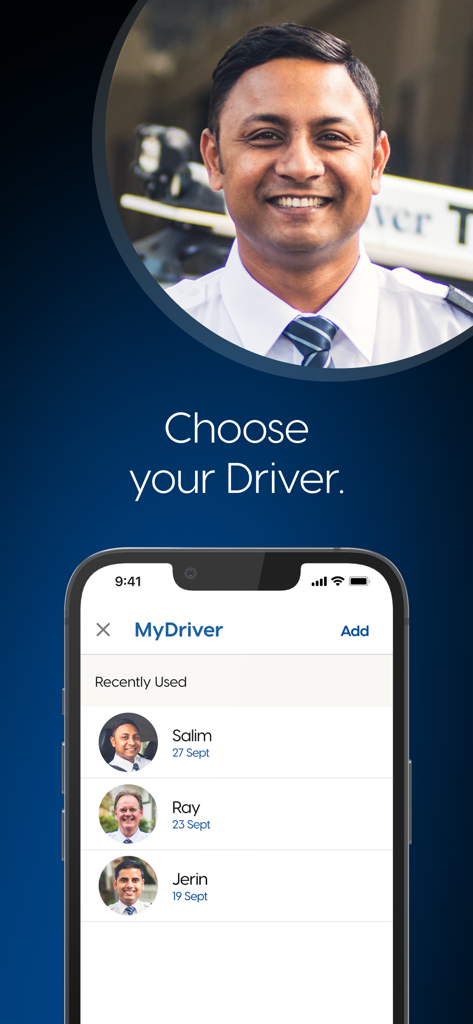 Mobile app screen showing the MyDriver feature to select and save favorite professional chauffeurs