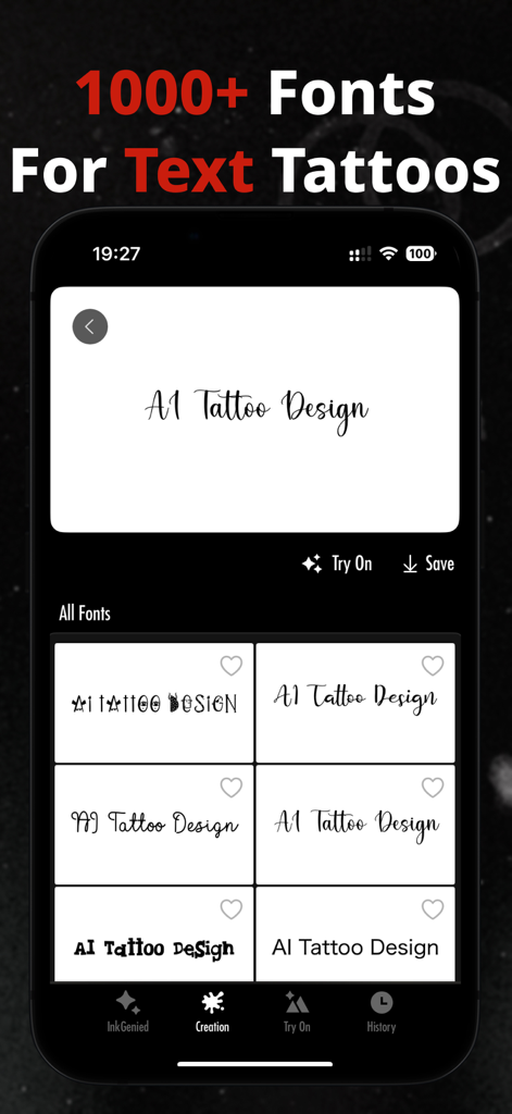Interface de um aplicativo móvel exibindo vários estilos de fonte para tatuagens de texto personalizadas