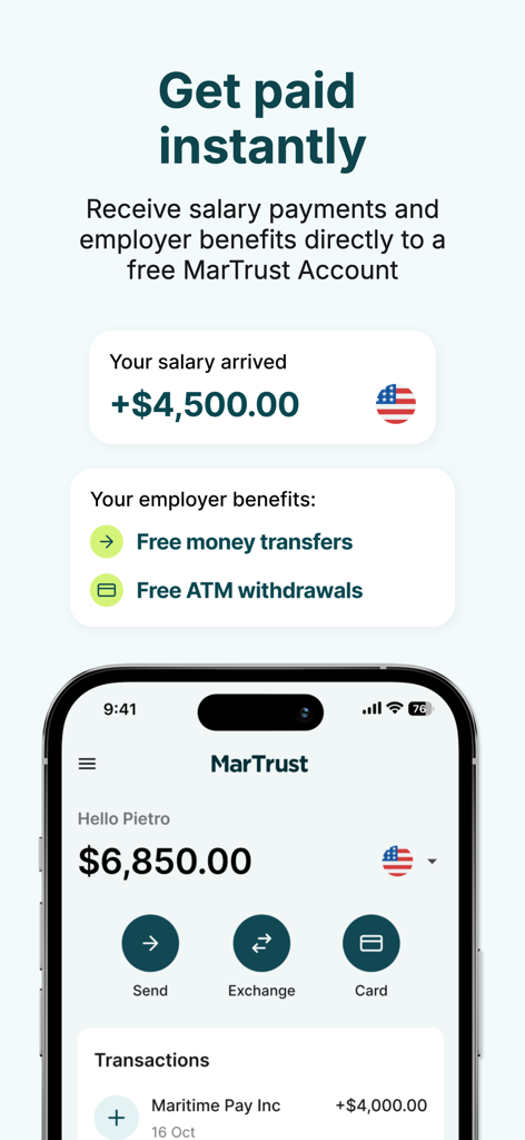 Interface de l'application MarTrust affichant un dépôt de salaire et le solde du portefeuille numérique pour les marins