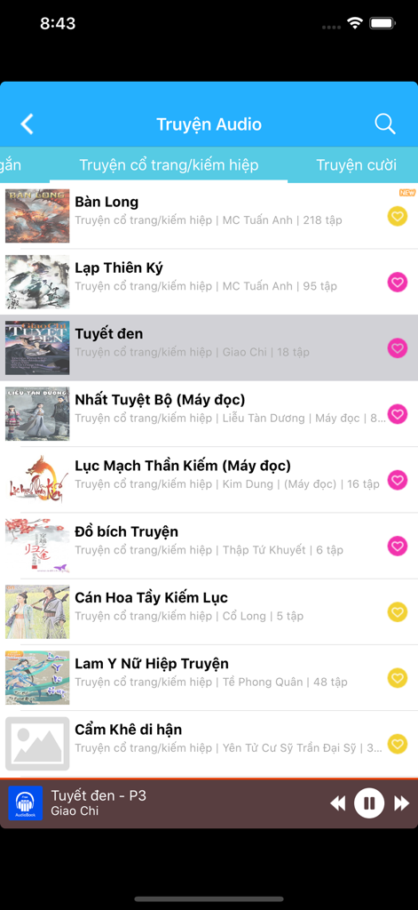 Tela do celular mostrando uma lista de histórias em áudio vietnamitas na categoria de artes marciais