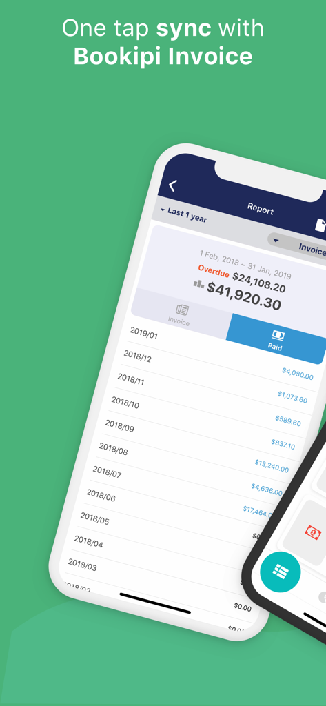 Bookipi Budget App screenshot showing invoice synchronization feature and financial reports for overdue and paid invoices