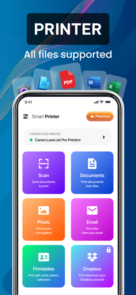 Smart Air Print App & Scan - Interfaz de la aplicación Smart Air Print con opciones para escanear e imprimir documentos, fotos y correos electrónicos desde un iPhone