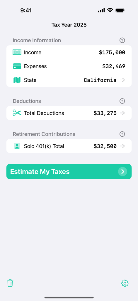 Taxatio app screen for inputting income expenses and deductions to estimate taxes